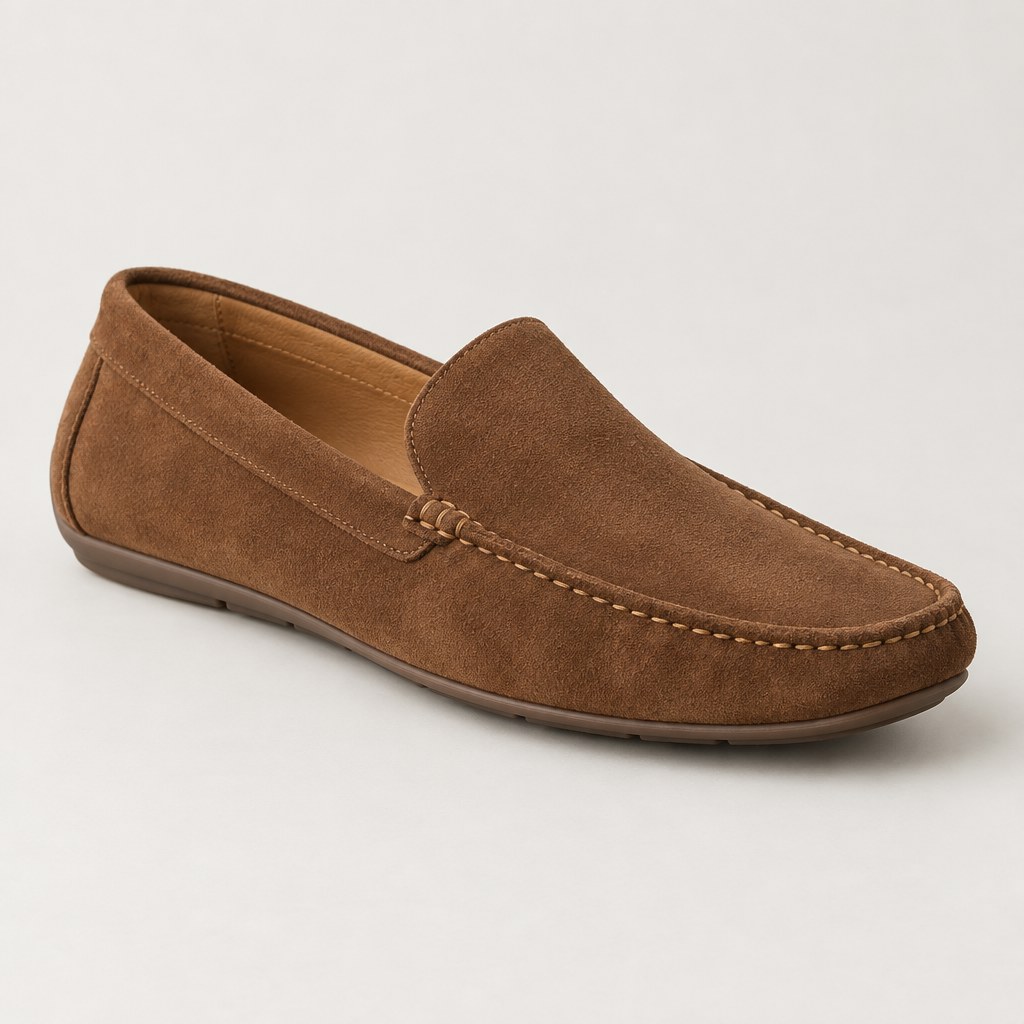 Moccasin nam da lộn màu nâu với đường may moc-toe