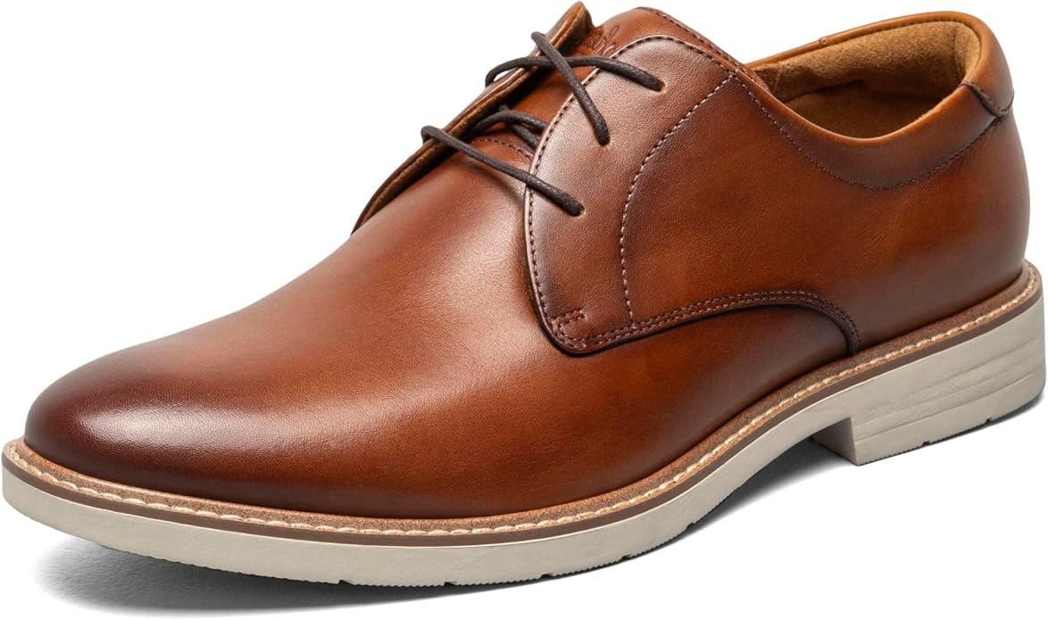 Men's plain toe oxford in medium brown smooth leather, shown in three-quarter view. Features dark brown laces, a tan interior collar, visible white stitching, and a light gray rubber outsole.