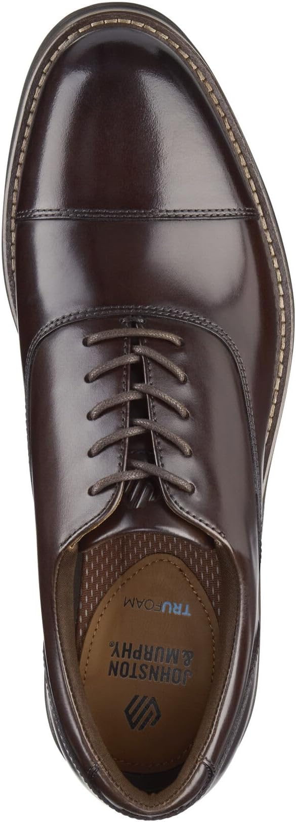 Top-down view of a dark brown leather cap-toe oxford dress shoe by Johnston & Murphy. Features lace-up closure with matching brown laces, visible toe cap seam, and tan insole branded 'Johnston & Murphy' and 'TRU FOAM'.