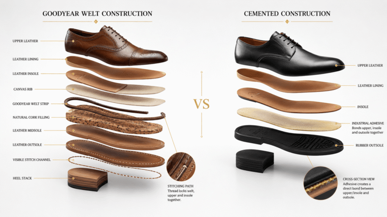 Minh họa so sánh cấu trúc giày Goodyear Welt và dán keo Cemented