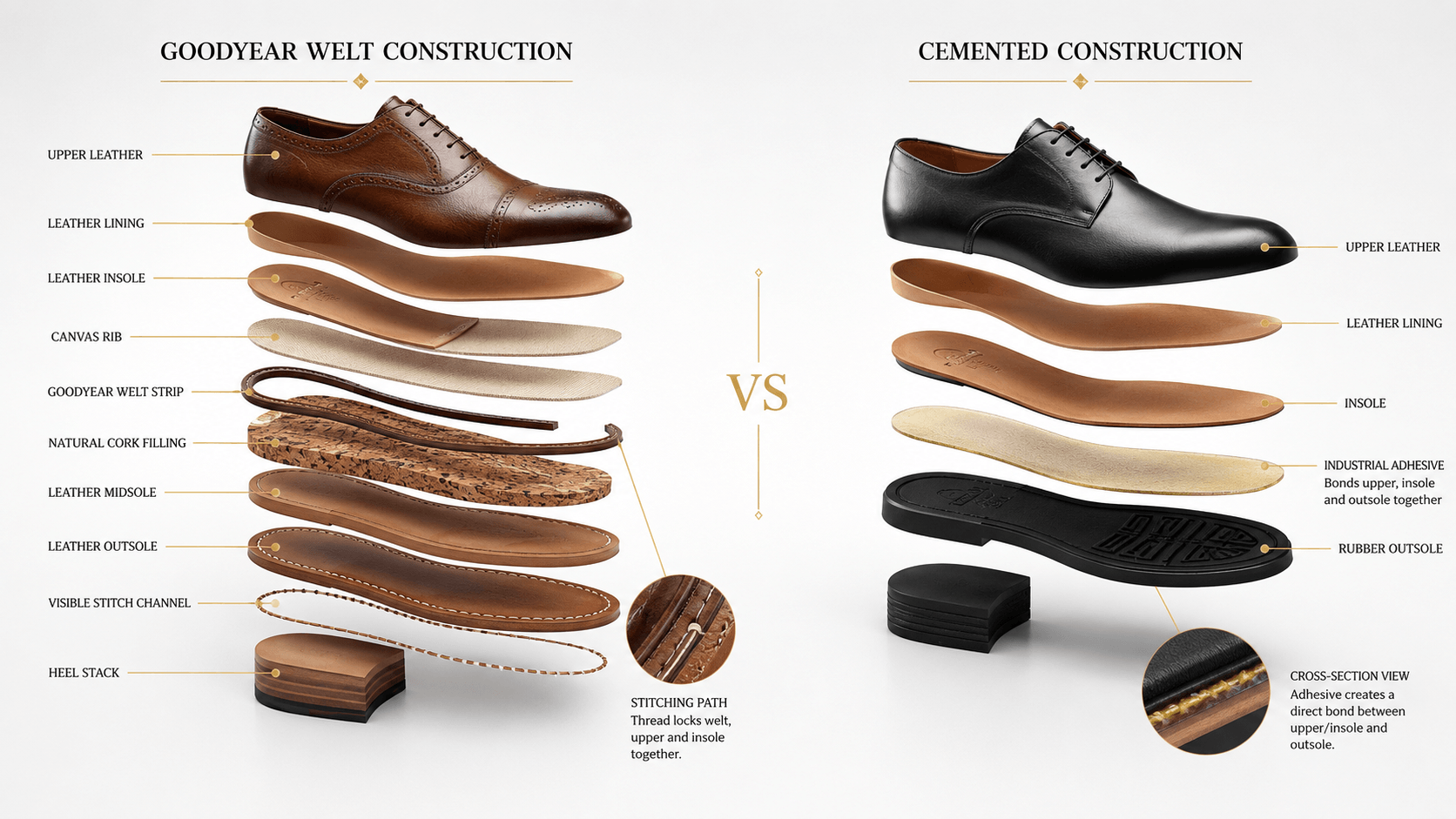 Minh họa so sánh cấu trúc giày Goodyear Welt và dán keo Cemented