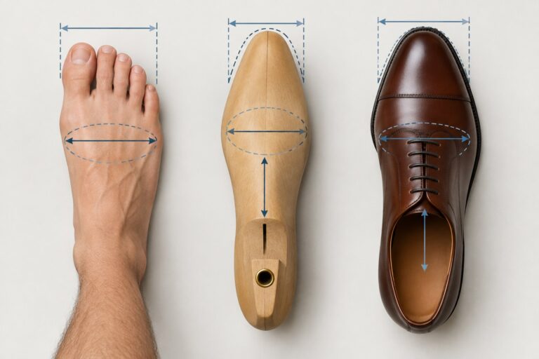 Minh họa chiều rộng bàn chân, last, toe box và mu bàn chân