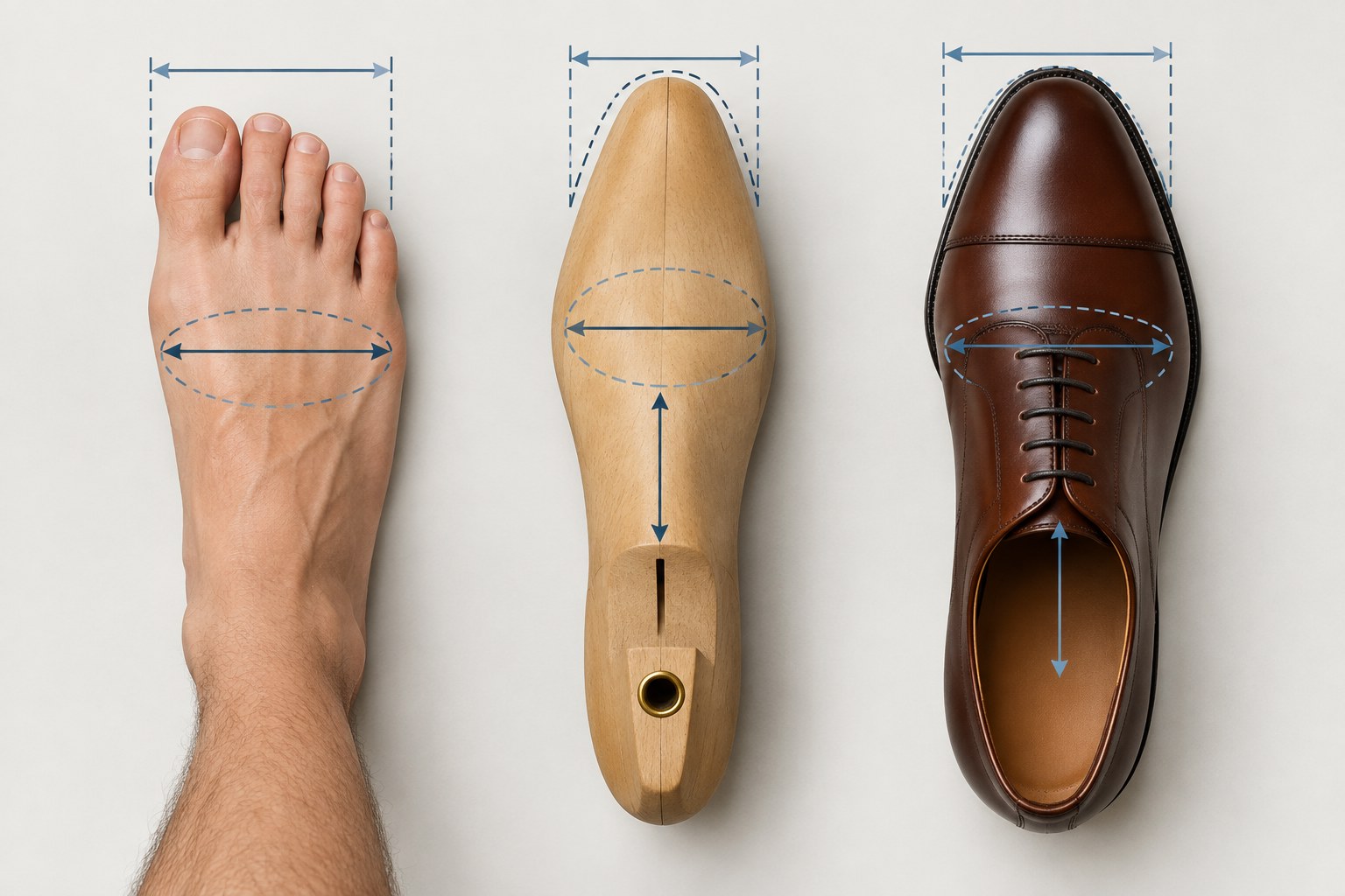 Minh họa chiều rộng bàn chân, last, toe box và mu bàn chân